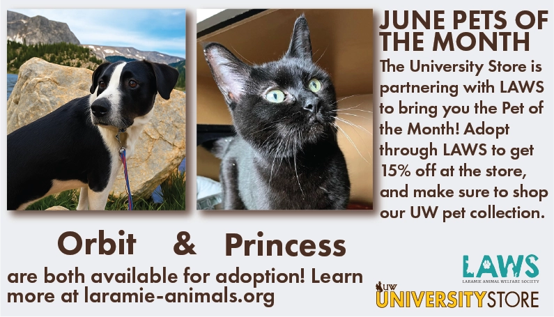 The University Store is partnering with LAWS to bring you the Pet of the Month! Adopt through LAWS to get 15% off at the store, and make sure to shop our UW pet collection. Princess and Orbit are available for adoption! Learn more at laramie-animals.org