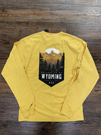 League University of Wyoming Pocket With Mountain Scene On Back Long Sleeve Tee