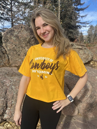 Blue 84 University of Wyoming Cowboys over 1886 with Bucking Horse Cropped Tee