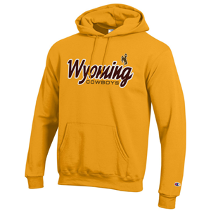 Champion® Stitched Stylized Wyoming over Cowboys Hoodie - gold (SKU: 145143881167) Champion® Stitched Stylized Wyoming over Cowboys Hoodie - gold